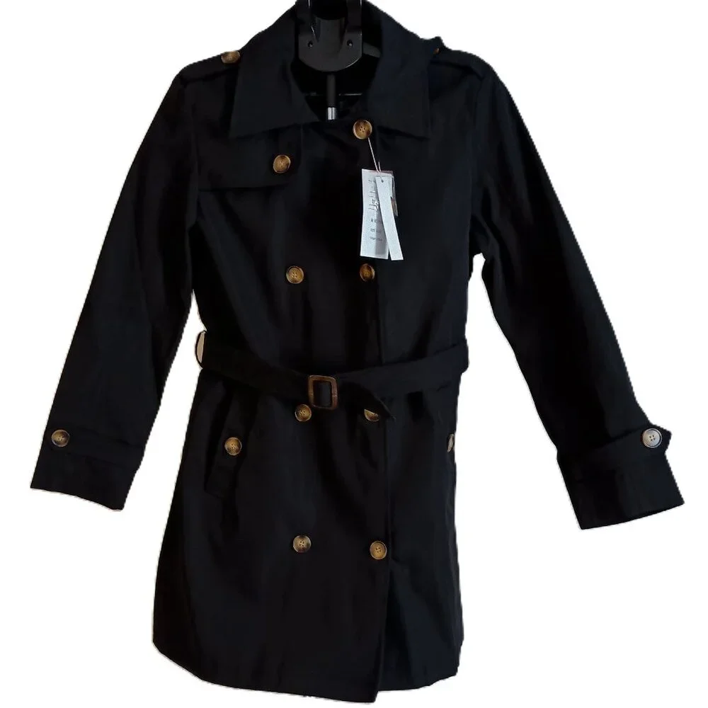 Createmo.us Black Trench Coat Double-Breasted Belted Coat Women’s Size Large L - Picture 1 of 16
